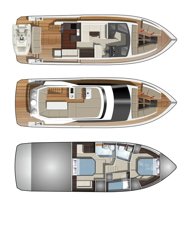 Top view of a yacht's layout featuring three levels: flybridge, main deck with seating and kitchen, and lower deck with cabins and bathrooms.
